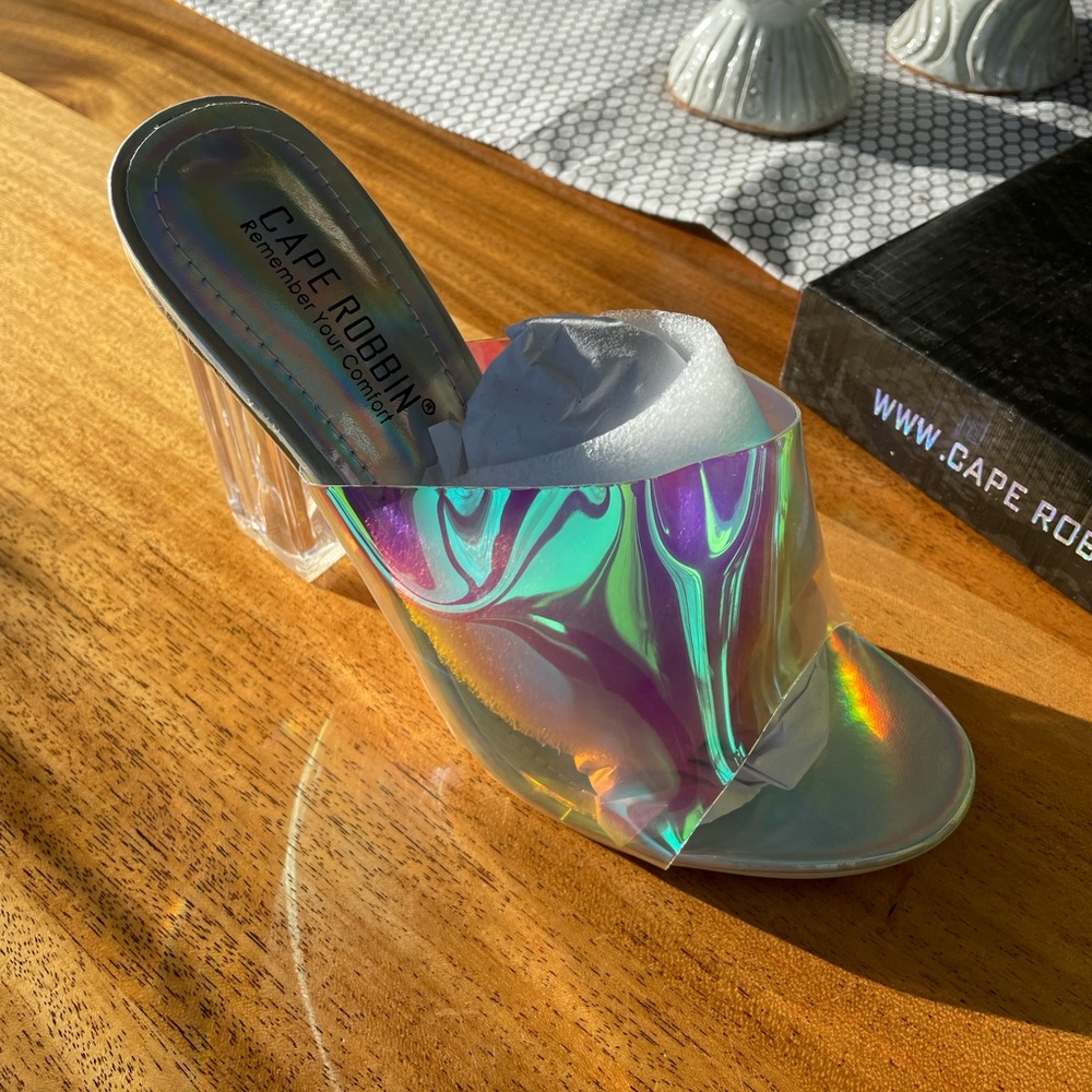 Cape Robbin Iridescent Holographic Slide Heels